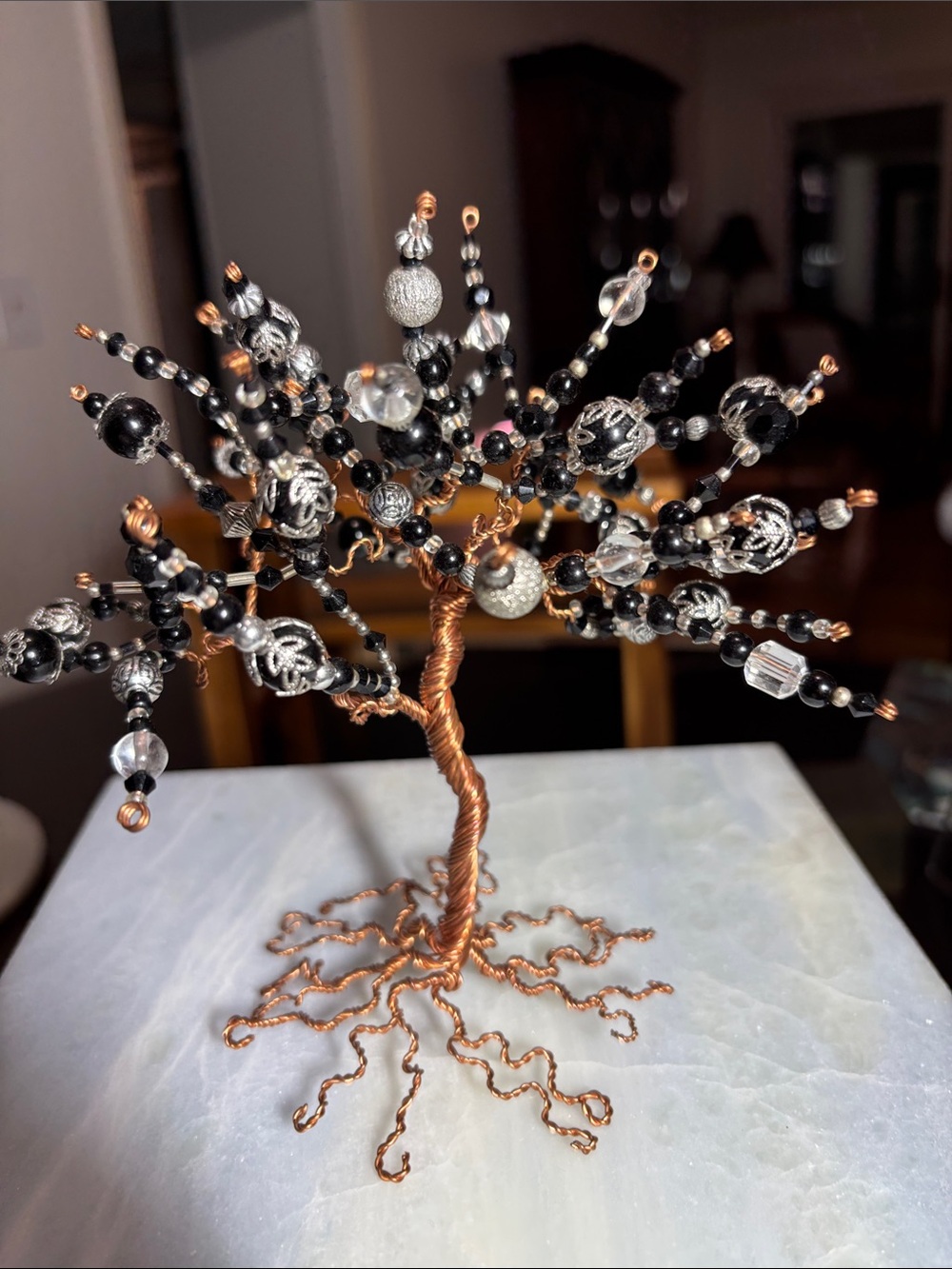 Handcrafted copper wire & bead tree sculpture, Tree of Life or Bonsai art decor